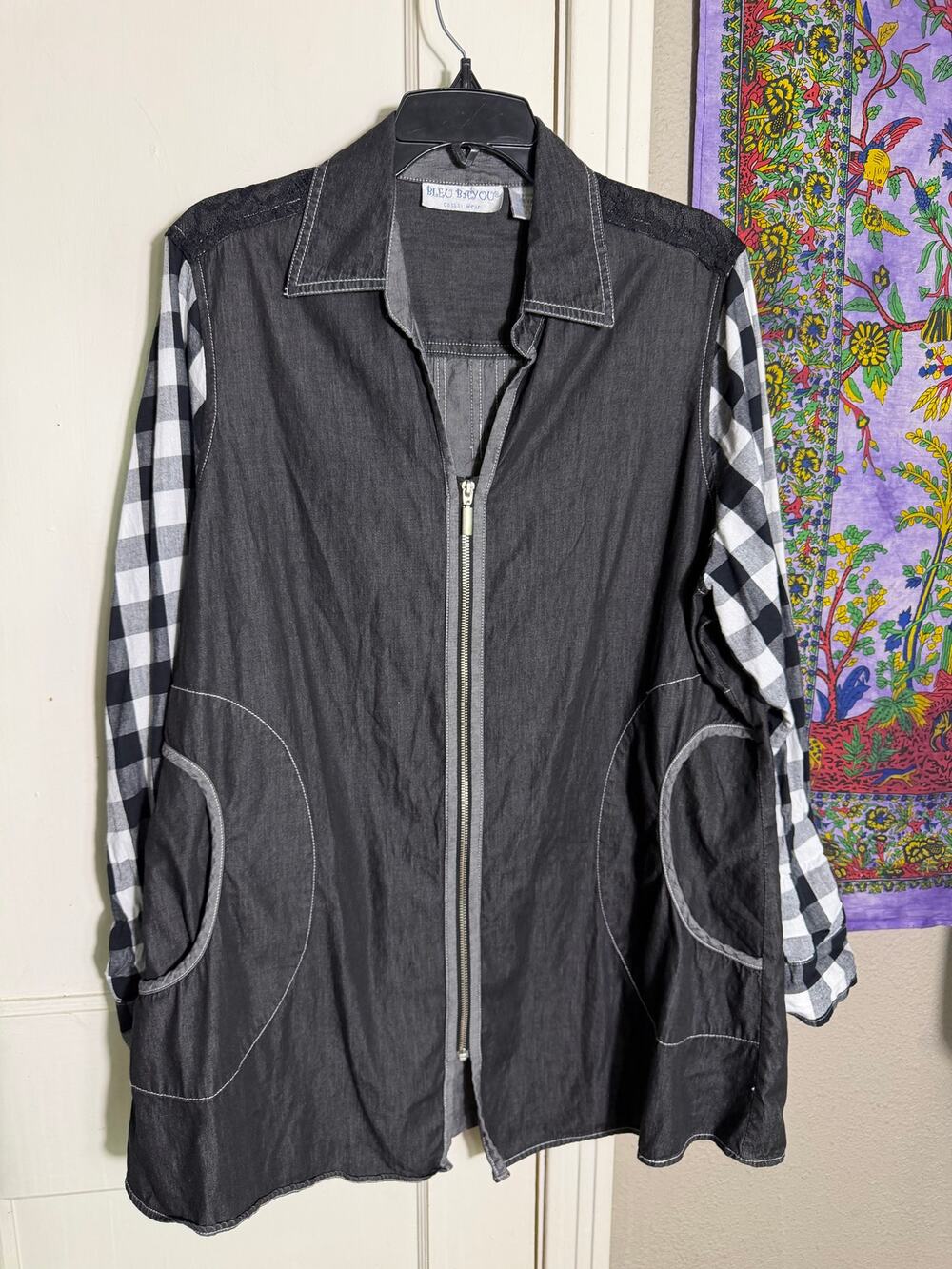 Bleu Bayou XXL Cotton Tunic Jacket Black Gingham Lace Lagenlook Artsy Boho